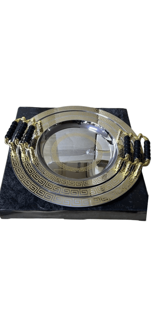 Set 3 Vassoi in Acciaio Inox Oro e Argento – 40/34/28 cm”
