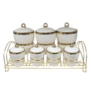 Set di Barattoli per Spezie in Ceramica con Dettagli Dorati e Supporto in Metallo