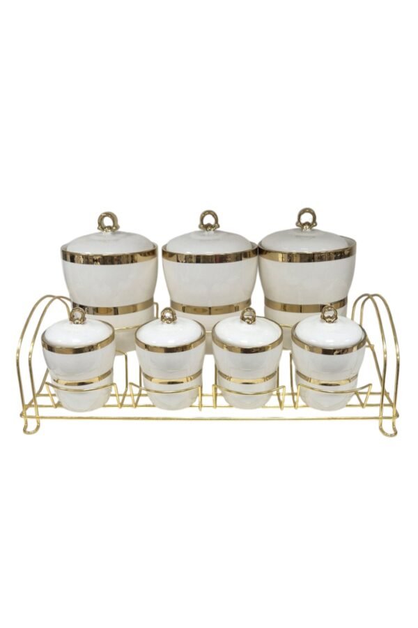 Set di Barattoli per Spezie in Ceramica con Dettagli Dorati e Supporto in Metallo
