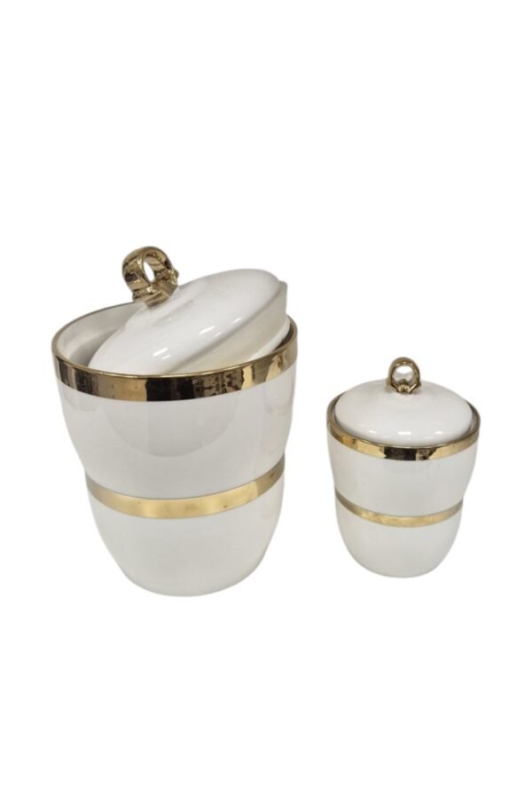 Set di Barattoli per Spezie in Ceramica con Dettagli Dorati e Supporto in Metallo - immagine 2