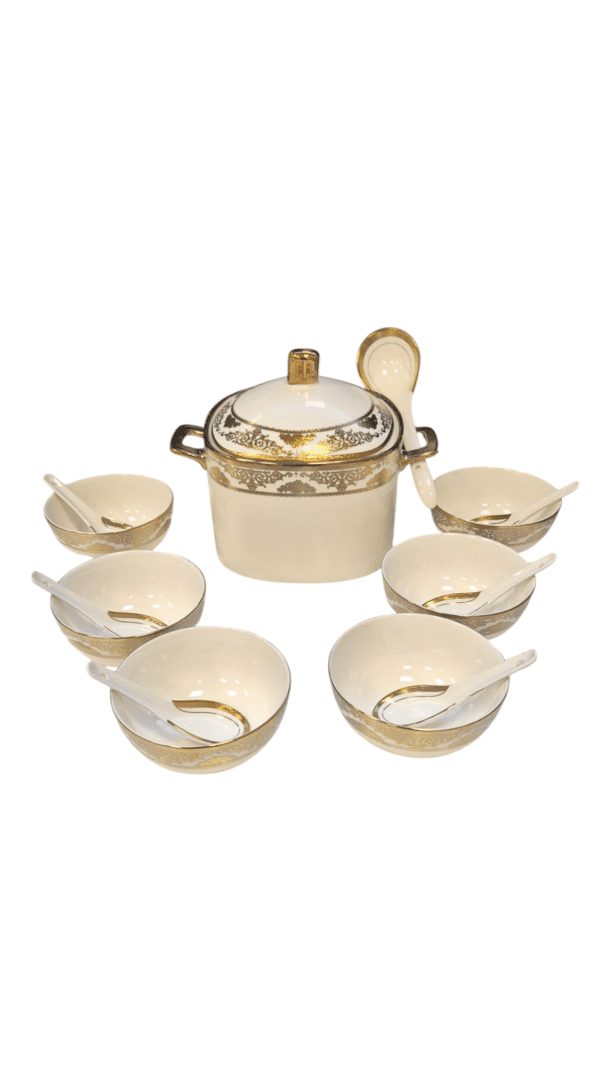 Un elegante set da zuppa composto da 15 pezzi, 6 cucchiai, 6 ciotole, 1 ciotola con relativo coperchio e 1 cucchiaio grande da zuppa.